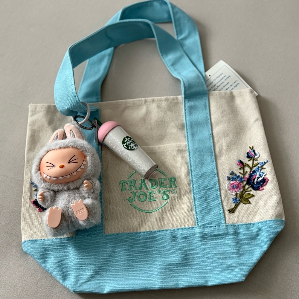 Trader Joe’s Blue Tote with authentic HEHE Labubu & Limited Starbucks Keychain